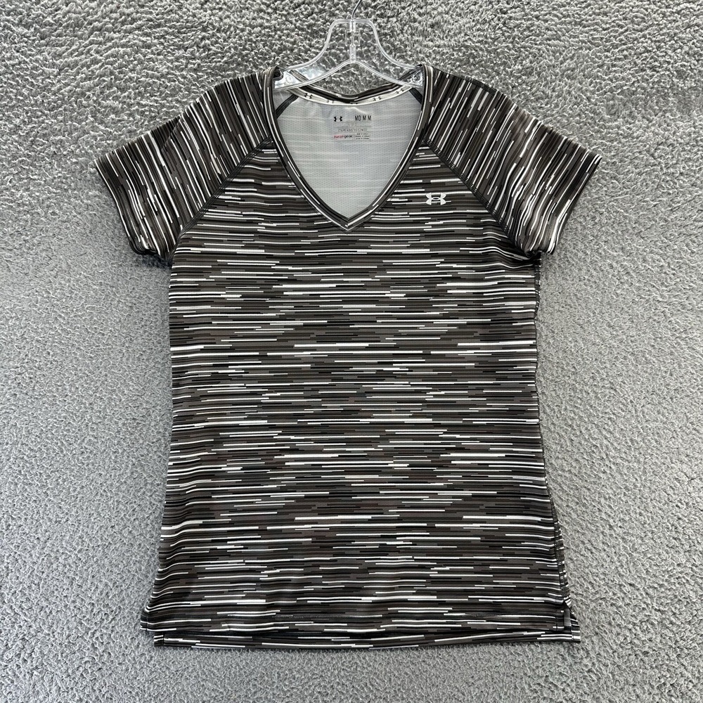 Under Armour Shirt Women's Medium Black/Gray/White Striped HeatGear Fitted Shirt